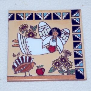 Thanksgiving Angel Blessings Earthtones 1995 Ceramic Tile Trivet Wall Art E93